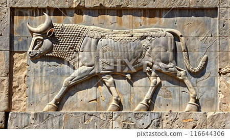 Ancient bull bas-relief on the Eastern Stairway of Apadana Palace 116644306