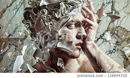 Sculptural bust of a woman breaking into fragments 116644330