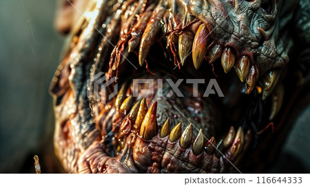 Detailed horror creature with sharp teeth in dark setting 116644333