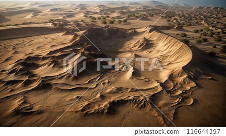 Aerial view of intricate sand formations in a vast desert 116644397