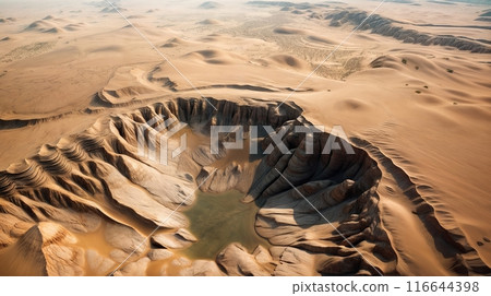 Aerial view of a sprawling sand pit amid desert dunes Aerial view of a sprawling sand pit amid desert dunes 116644398
