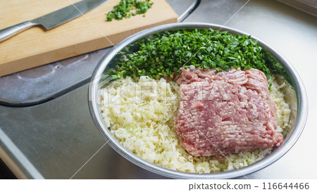 Gyoza ingredients in a bowl (cabbage, chives, minced pork) | Making gyoza image 116644466