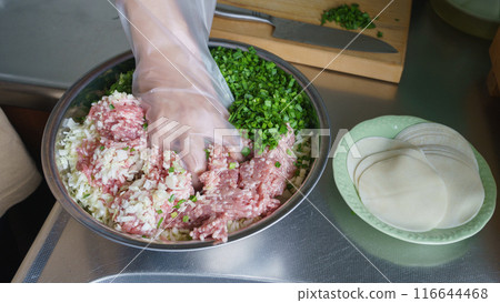 Mix the gyoza ingredients (cabbage, chives, and minced pork) | Making gyoza - Image 116644468
