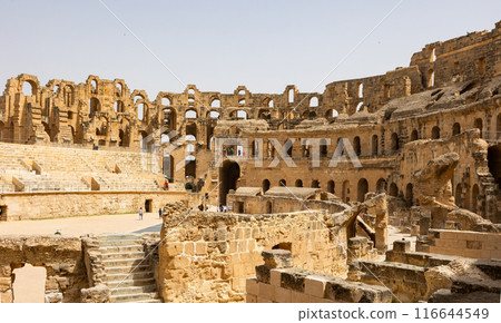 Tiers of seating and remnants of walls of El Jem Amphitheatre in Tunisia 116644549