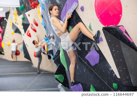 Young woman climbs steep artificial wall in sports complex and trains endurance Young woman climbs steep artificial wall in sports complex and trains endurance 116644697