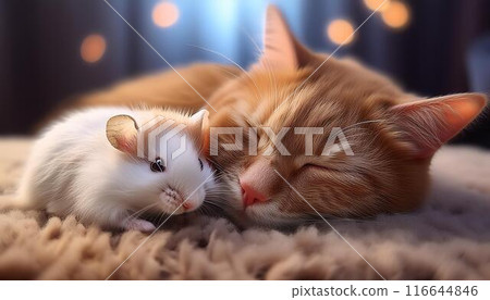 A brown cat is sleeping on the carpet next to a hamster. They are good friends. 116644846