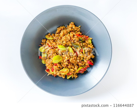 Thai Southern Food, Stir Fried Minced pork with yellow curry, Kua Kling Thai Southern Food, Stir Fried Minced pork with yellow curry, Kua Kling 116644887