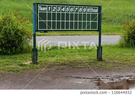 Baseball scoreboard after the rain 116644932