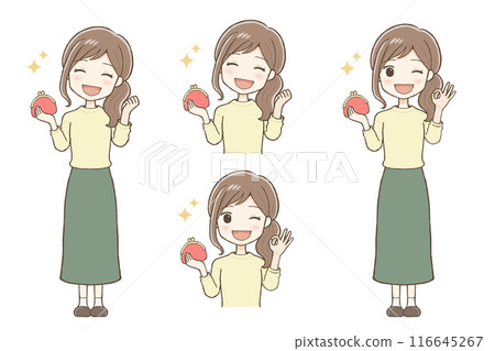 A woman in yellow clothes is holding a red purse and giving an OK sign 116645267