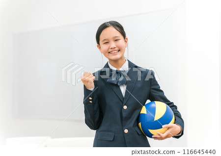 Junior high school and high school girls in uniforms holding volleyballs (volleyball club, club activities, youth) 116645440
