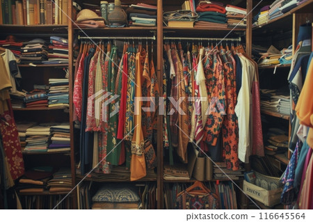 European secondhand. Store with clothes and books organized on shelves for customers 116645564