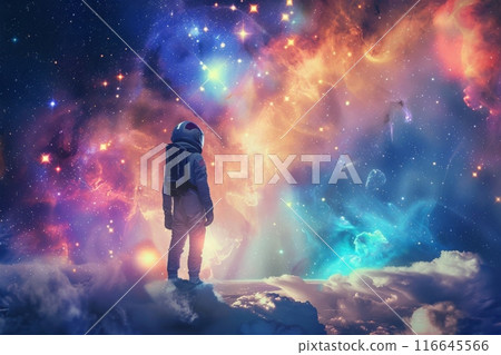 An astronaut gazes at a vibrant galaxy in the electric blue space landscape 116645566