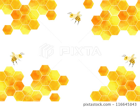 Watercolor style illustration of flying bees and honeycomb pattern 116645843