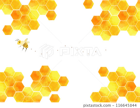 飛行的蜜蜂和蜂窩圖案的水彩風格插圖 116645844