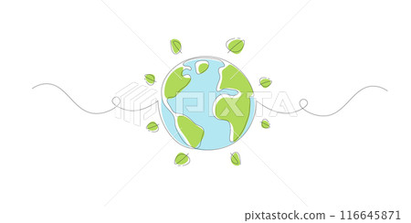 Earth with Green Leaf. Continuous line art drawing. Ecology and Environment concept. Line art vector illustration. Earth with Green Leaf. Continuous line art drawing. Ecology and Environment concept. Line art vector illustration. 116645871