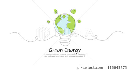 Light Bulb with the Earth. Continuous line art drawing. Ecology and Environment concept.  Line art vector illustration. 116645873