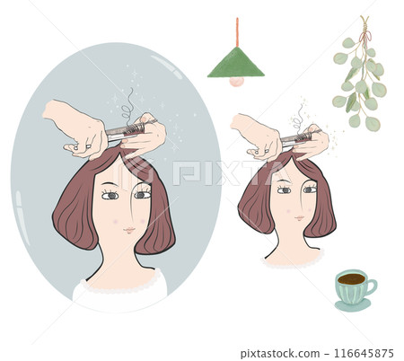 Woman getting a haircut at a salon, hairdresser's hands holding scissors, welcoming salon space 116645875