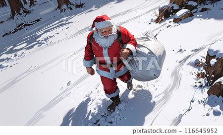 Santa Claus walking through the snow with a big bag full of gifts 116645952