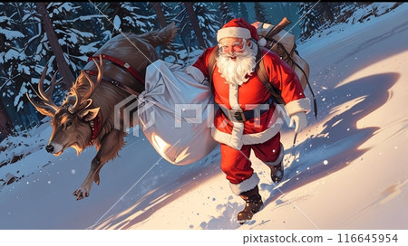 Santa Claus walking with his reindeer to deliver presents 116645954