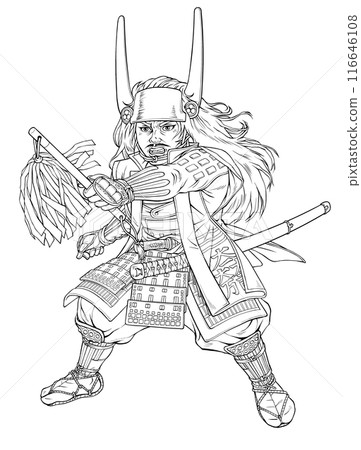 Line drawing of Sengoku warlord Ishida Mitsunari commanding a battle 116646108