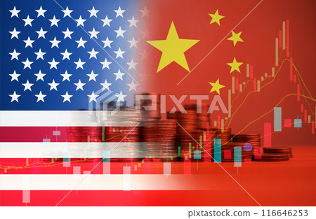 USA and China flag on coins stacking. Represents symbol of economic tariffs trade war and tax barrier between United States of America and China, Recession conflict tax business finance money USA and China flag on coins stacking. Represents symbol of economic tariffs trade war and tax barrier between United States of America and China, Recession conflict tax business finance money 116646253