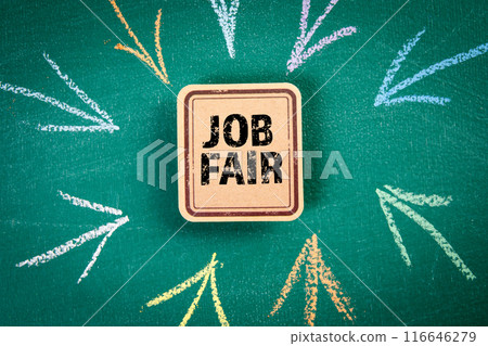 Job Fair. Cardboard sticky note with text on a green chalkboard background 116646279