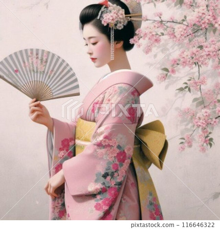 A woman in a long-sleeved kimono holding a folding fan A woman in a long-sleeved kimono holding a folding fan 116646322