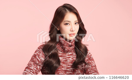 Beautiful young asian woman with clean fresh skin on pink background, Face care, Facial treatment, Cosmetology, beauty and spa, Asian women portrait. 116646620