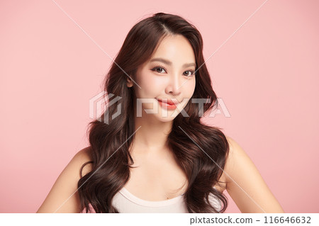 Beautiful young asian woman with clean fresh skin on pink background, Face care, Facial treatment, Cosmetology, beauty and spa, Asian women portrait. 116646632