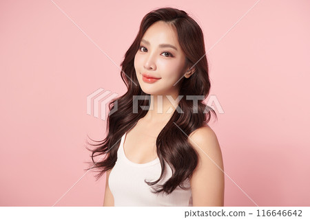 Beautiful young asian woman with clean fresh skin on pink background, Face care, Facial treatment, Cosmetology, beauty and spa, Asian women portrait. 116646642