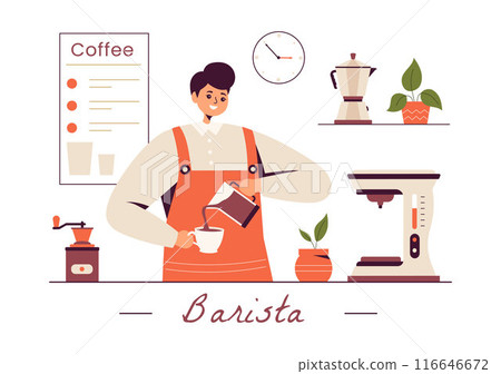 Barista Vector Illustration Wearing an Apron, Standing and Whipping Milk into a Coffee Mug for a Customer in a Flat Style Cartoon Background 116646672
