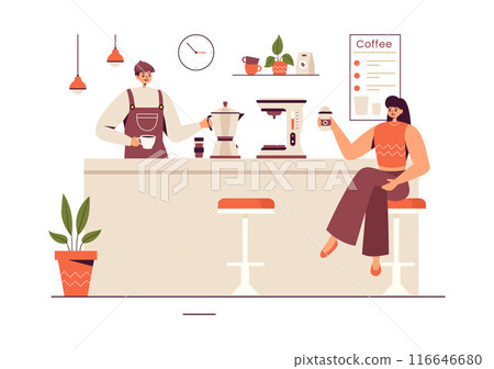 Barista Vector Illustration Wearing an Apron, Standing and Whipping Milk into a Coffee Mug for a Customer in a Flat Style Cartoon Background Barista Vector Illustration Wearing an Apron, Standing and Whipping Milk into a Coffee Mug for a Customer in a Flat Style Cartoon Background 116646680