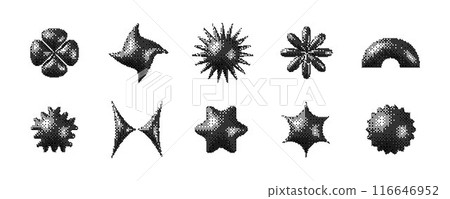 Pixelated 3d Y2K shape set. Bitmap stars, flowers, sparkles, arch element collection. Retro 8 bit sticker form bundle for poster, banner, collage, graphic design. Vector dither geometric object pack Pixelated 3d Y2K shape set. Bitmap stars, flowers, sparkles, arch element collection. Retro 8 bit sticker form bundle for poster, banner, collage, graphic design. Vector dither geometric object pack 116646952