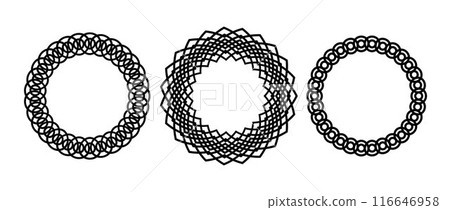 Retro knot circle frame set. Black celtic round border collection. Braid and rope ornament and motif pattern for banner, poster, frame. Circular weave design elements bundle. Vector pack 116646958