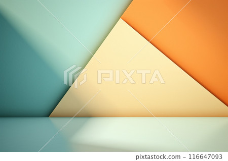 抽象背景橫幅。空間擁有藍綠色、黃色和橙色的幾何牆壁以及平坦的地板。 AI生成影像 116647093