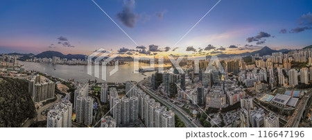 July 10 2024 City scape in Kwun tong with Victoria Harbour Hong Kong 116647196