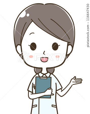 Upper body illustration of a young female nurse guiding to the right Upper body illustration of a young female nurse guiding to the right 116647430