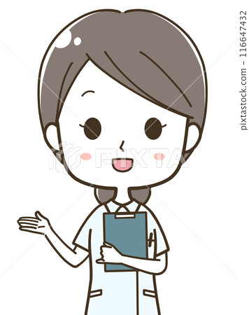 Upper body illustration of a young female nurse guiding to the left 116647432