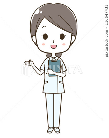 Full-body illustration of a young female nurse guiding to the left Full-body illustration of a young female nurse guiding to the left 116647433