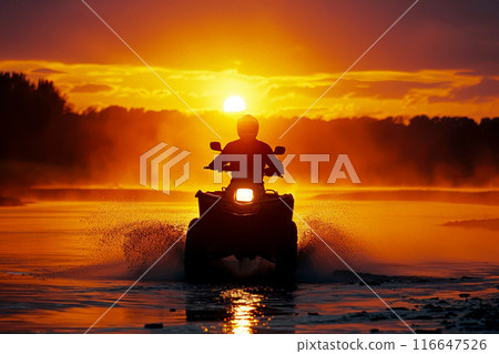 ATV run on river with view of sunset over the forest, with silhouetted background , generative ai 116647526