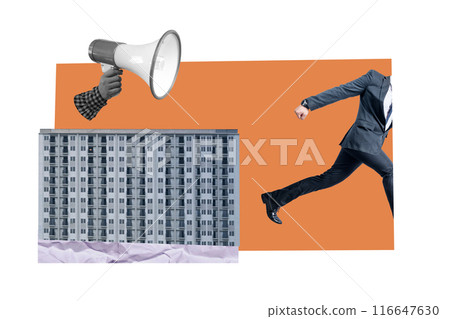 A human hand holding a megaphone with a running businessman 116647630