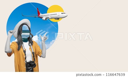 A woman is posing with a camera and pointing to an airplane in the sky A woman is posing with a camera and pointing to an airplane in the sky 116647639