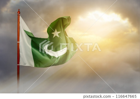 Pole with Pakistan flag waving in the air Pole with Pakistan flag waving in the air 116647665