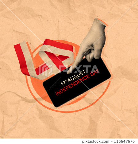 A human hand pointing to a mobile phone screen with a message the 17th of August 116647676