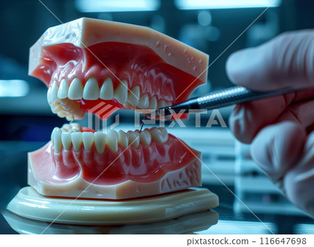 a dentist hold a dental model human jaw or oral cavity. ai generative 116647698