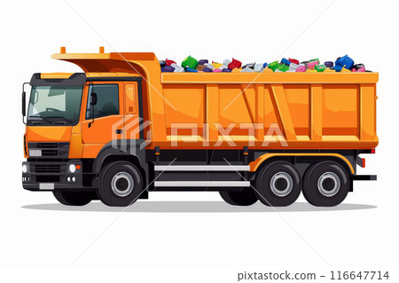 Flat illustration with eco-friendly garbage yellow truck full of garbage. Generated by artificial intelligence 116647714