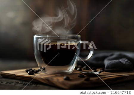 Glass cup of black coffee on scattered coffee beans displayed on wooden table. 116647718