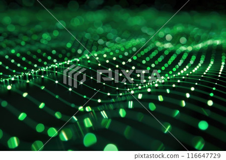 background in green abstract with connected particles and a cyber network grid. Global data connections and artificial neurons. 116647729