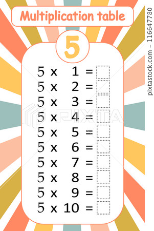 Multiplication table by 5 with a task to consolidate the knowledge of multiplication. Vector illustration Multiplication table by 5 with a task to consolidate the knowledge of multiplication. Vector illustration 116647780