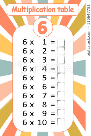 Multiplication table by 6 with a task to consolidate the knowledge of multiplication. Vector illustration 116647781